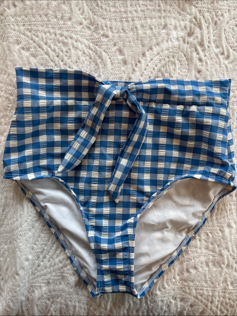 Gianni Bini Blue and White Gingham High Rise Puff Sleeve Bikini Swimsuit Size M - Picture 3 of 12